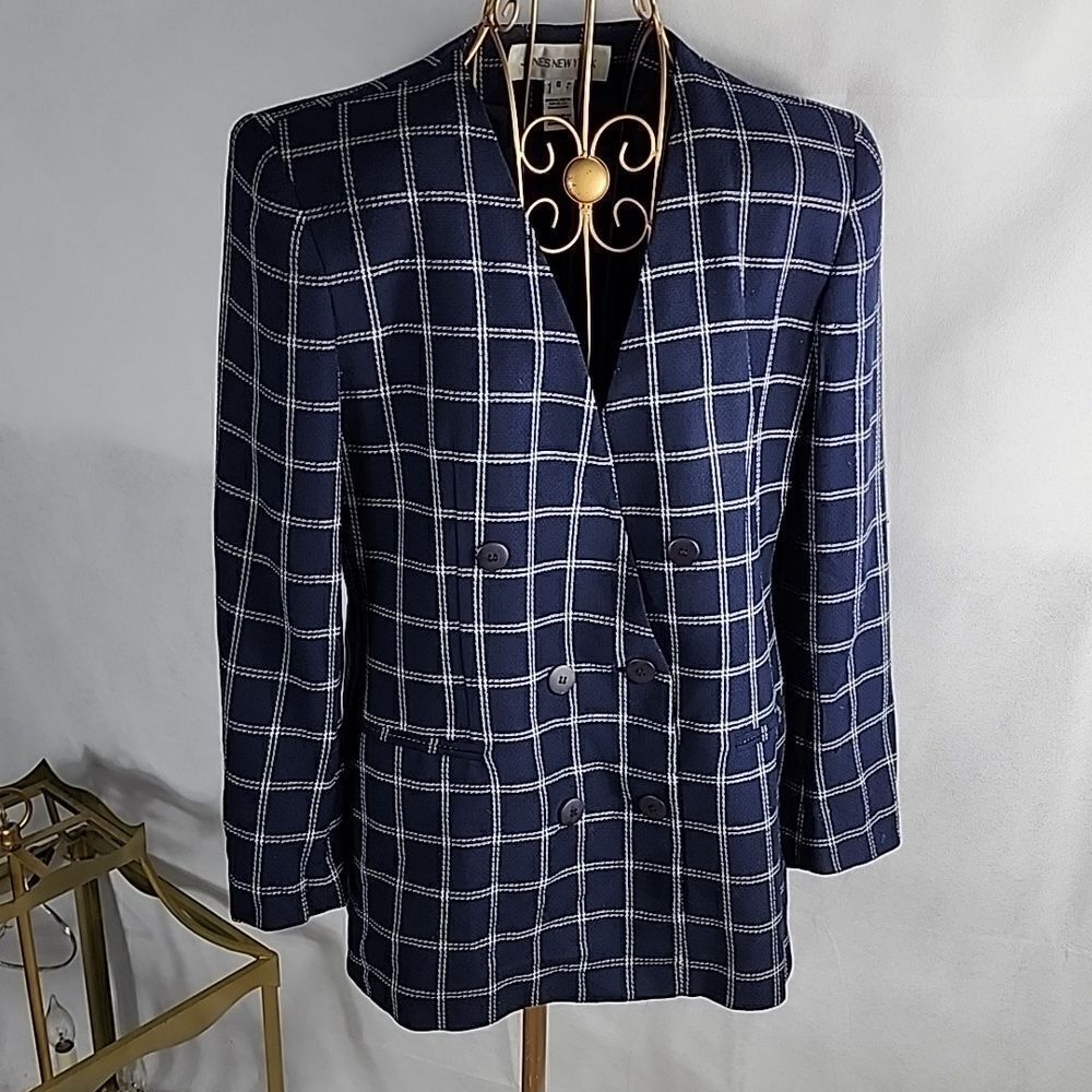 Vintage Jones New York Size 8 Checkered Navy Blue Double Breasted Jacket Blazer